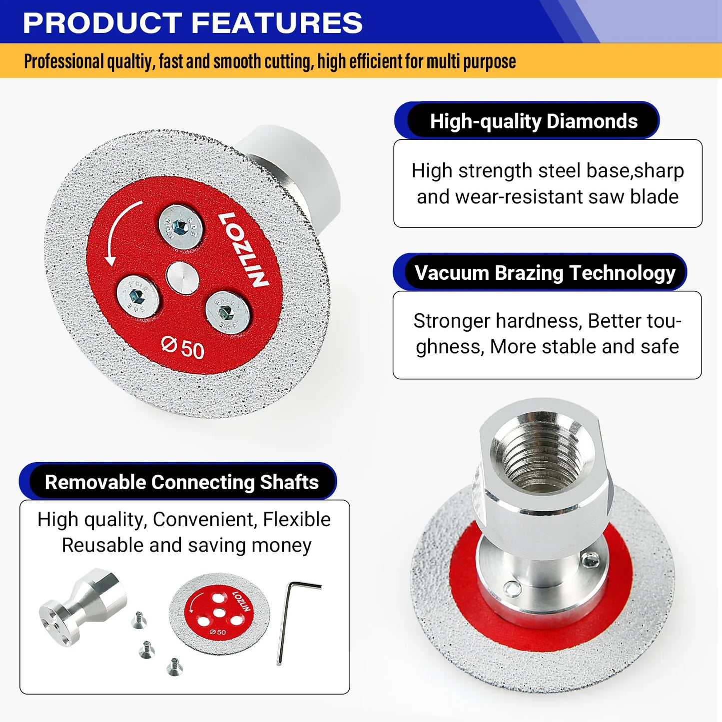 LOZLIN 50mm Diamond Mini Saw Blade with Thread Vacuum Brazed Cutting Disc for Granite Sandstone Concrete Stone Carving Lettering Engraving Grinding Tool, 5/8-11 Thread Stone Cutting Wheel for Angle Grinder