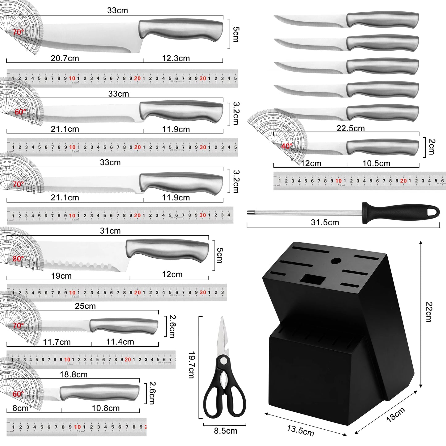 15Pcs Full Stainless Steel Kitchen Knife Set with Black Knife Block, All-in-one Hollow Handle Chef Knives Sharpener Scissor, Ultra Sharp Slicing Bread Steak Paring Knives Home Cooking Cutlery Gift Set