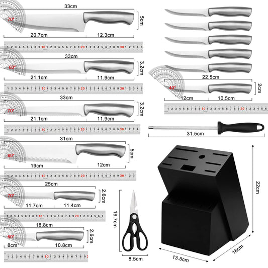 15Pcs Full Stainless Steel Kitchen Knife Set with Black Knife Block, All-in-one Hollow Handle Chef Knives Sharpener Scissor, Ultra Sharp Slicing Bread Steak Paring Knives Home Cooking Cutlery Gift Set