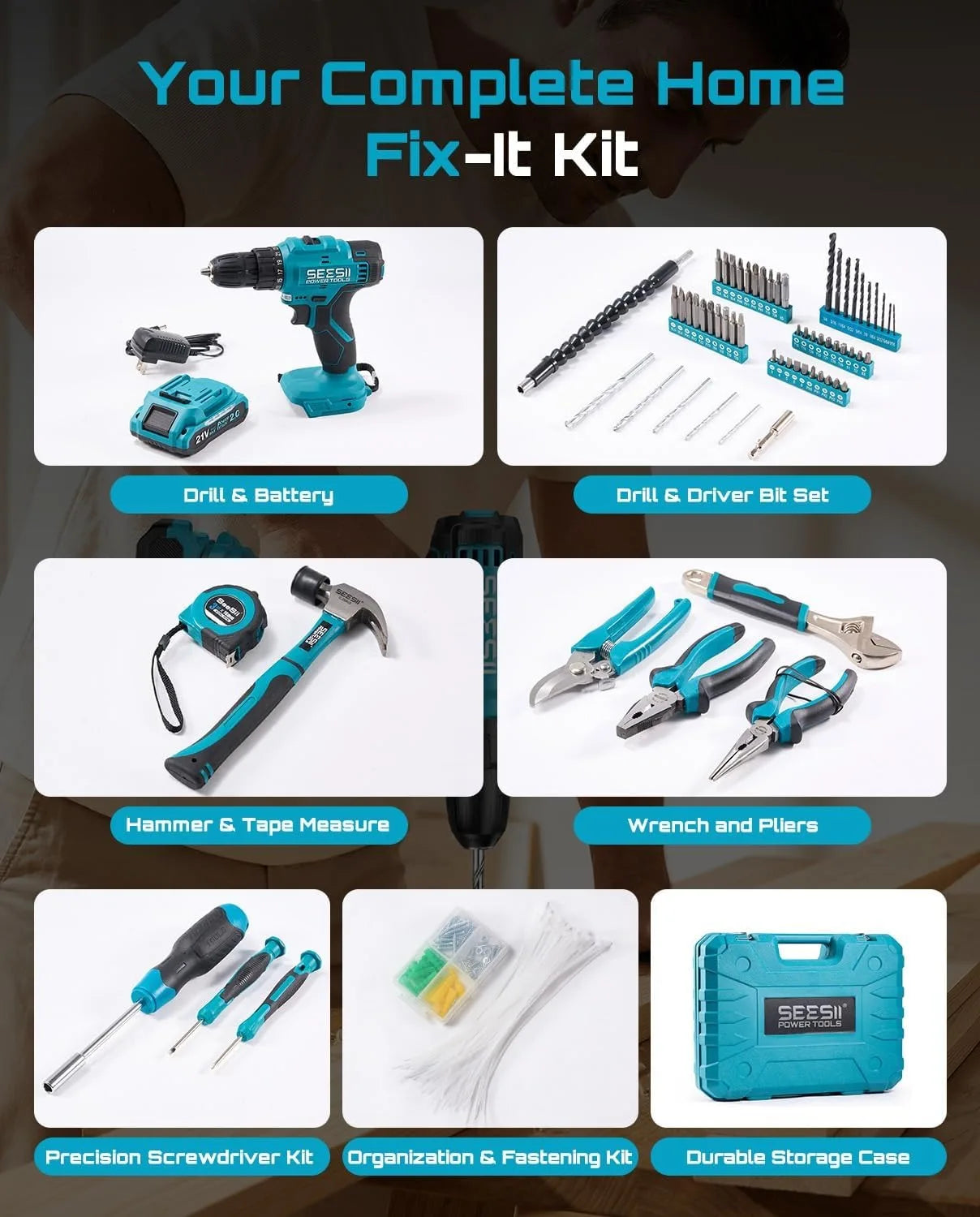 Seesii 190pcs Cordless Drill Tool Kit 21V Power Tool Set Hand Tool Kit with Toolbox Electric Drill Driver for Hand Repair DIY