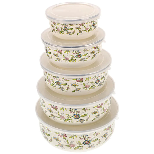 5PCS Enamel Bowls, Enamel on Steel Mixing Bowls with Lids, Vintage Soup Retro Food Containers Soup with Lids, Mixing with Set Containers for Food Fruits Salad