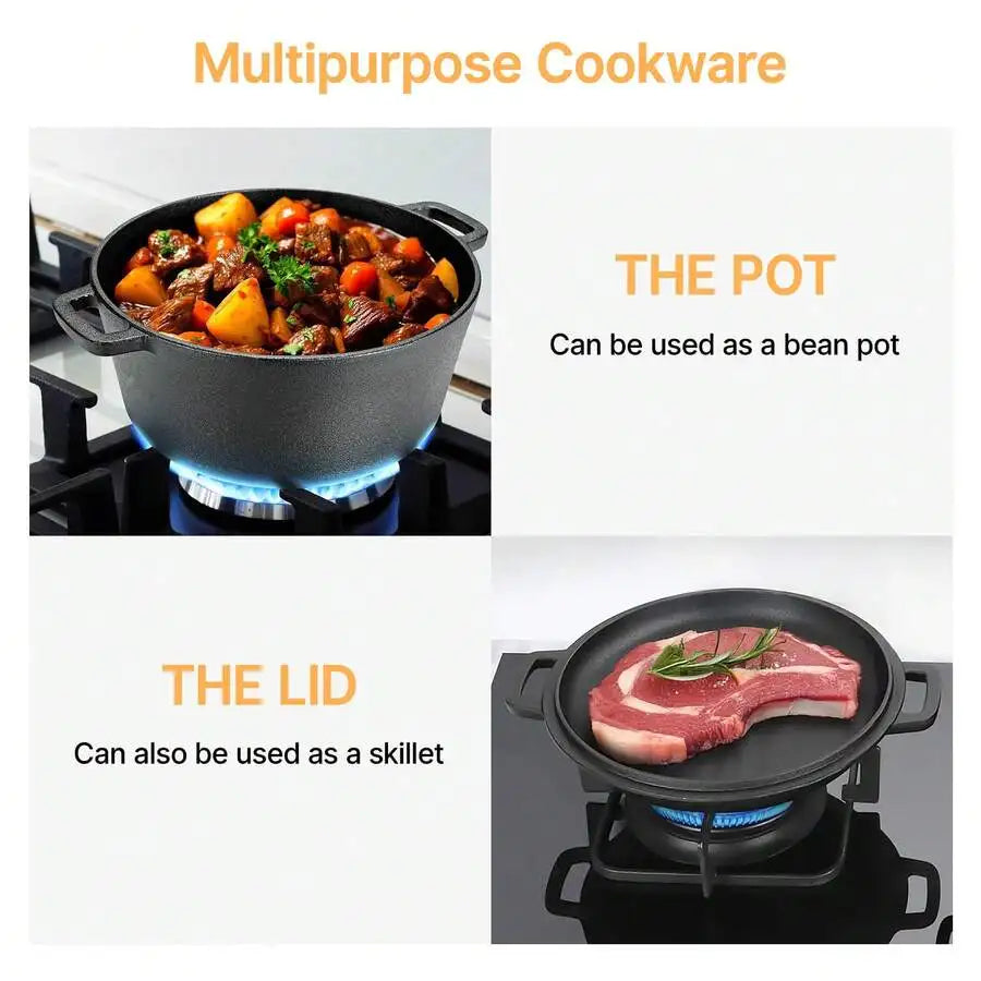 2-In-1 Pre-Seasoned Cast Iron Dutch Oven Pot With Skillet Lid Cooking Pan, Cast Iron Skillet Cookware Pan Set With Dual Handles Indoor Outdoor For Bread, Frying, Baking, Camping, BBQ, 5QT
