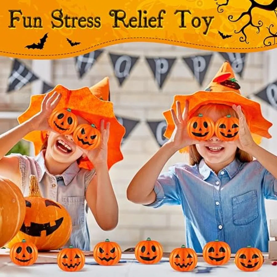 Halloween party favors: 2-inch pumpkin-shaped stress balls, foam material, orange color, soft squeeze relief for school carniva
