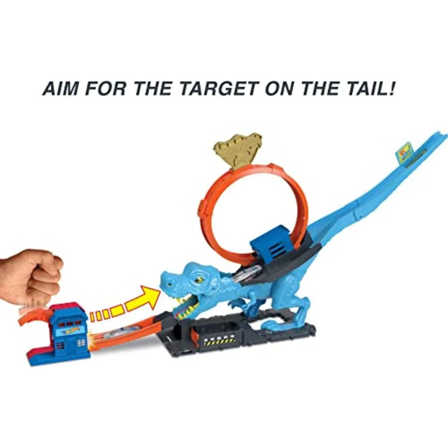 City Track Set with 1 Toy Car, Race Through a Giant Loop to Defeat a Big Dinosaur, T-Rex Loop Stunt and Race Playset