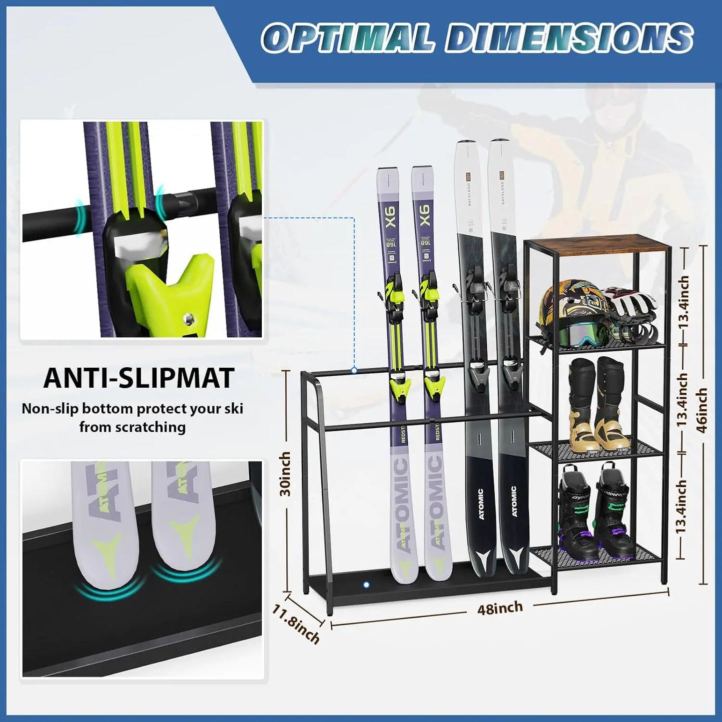 Freestanding Snowboard Rack - 4 Pair Ski, 3 Pack Snowboard, Boot, Pole, Goggles, Helmet Rack for Garage, Shed, Basement