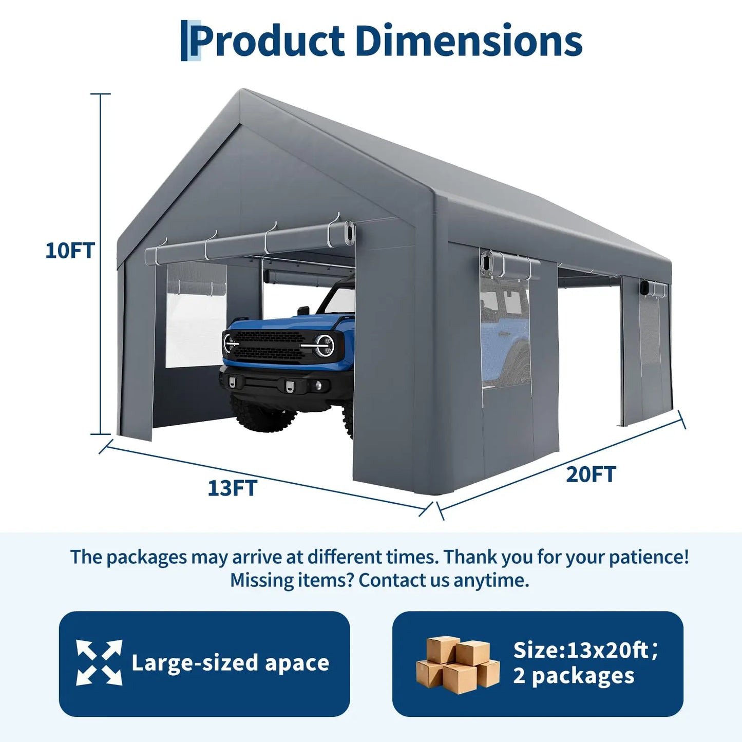 13x20 Heavy Duty Carport Canopy, Portable Garage Shelter With Roll Up Doors Mesh Windows, Galvanized Steel Frame