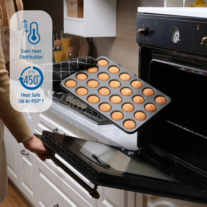 24 Cavity Mini Muffin Pan, Non-Stick Bakeware,1.8 inch Diameter Cups,Gray,Carbon Steel