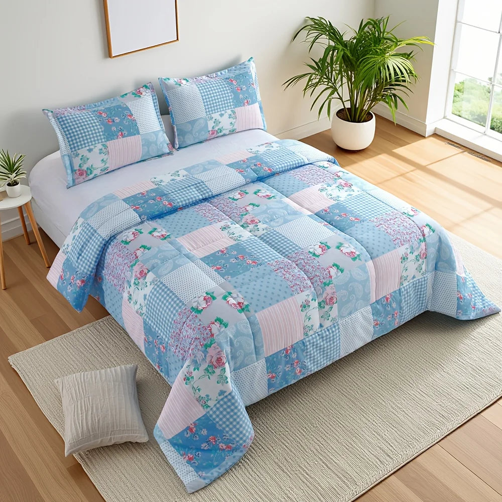 2/3pcs Luxury Comforter Set, Blue Checkered Floral Design, Lightweight Quilt Set For All Seasons, Super Soft Bedding Set For Deep Sleep, Includes 1 Comforter And 1 Or 2 Pillowcases, Bed In A Bag, Machine Washable, Perfect Gif
