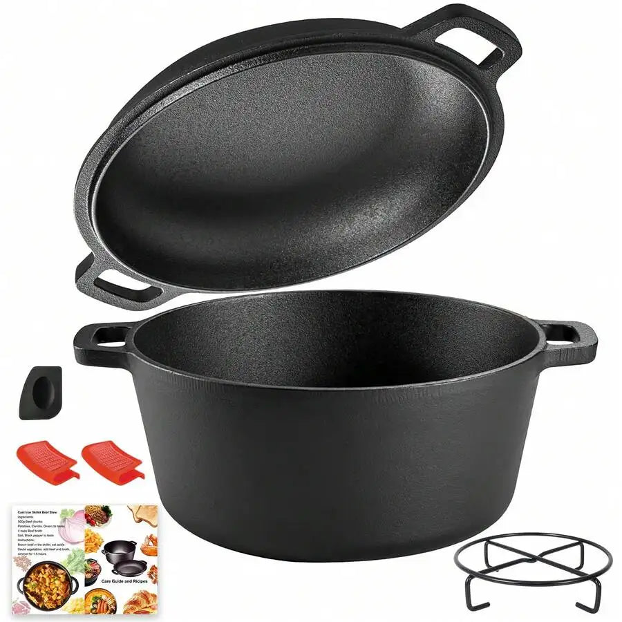 2-In-1 Pre-Seasoned Cast Iron Dutch Oven Pot With Skillet Lid Cooking Pan, Cast Iron Skillet Cookware Pan Set With Dual Handles Indoor Outdoor For Bread, Frying, Baking, Camping, BBQ, 5QT