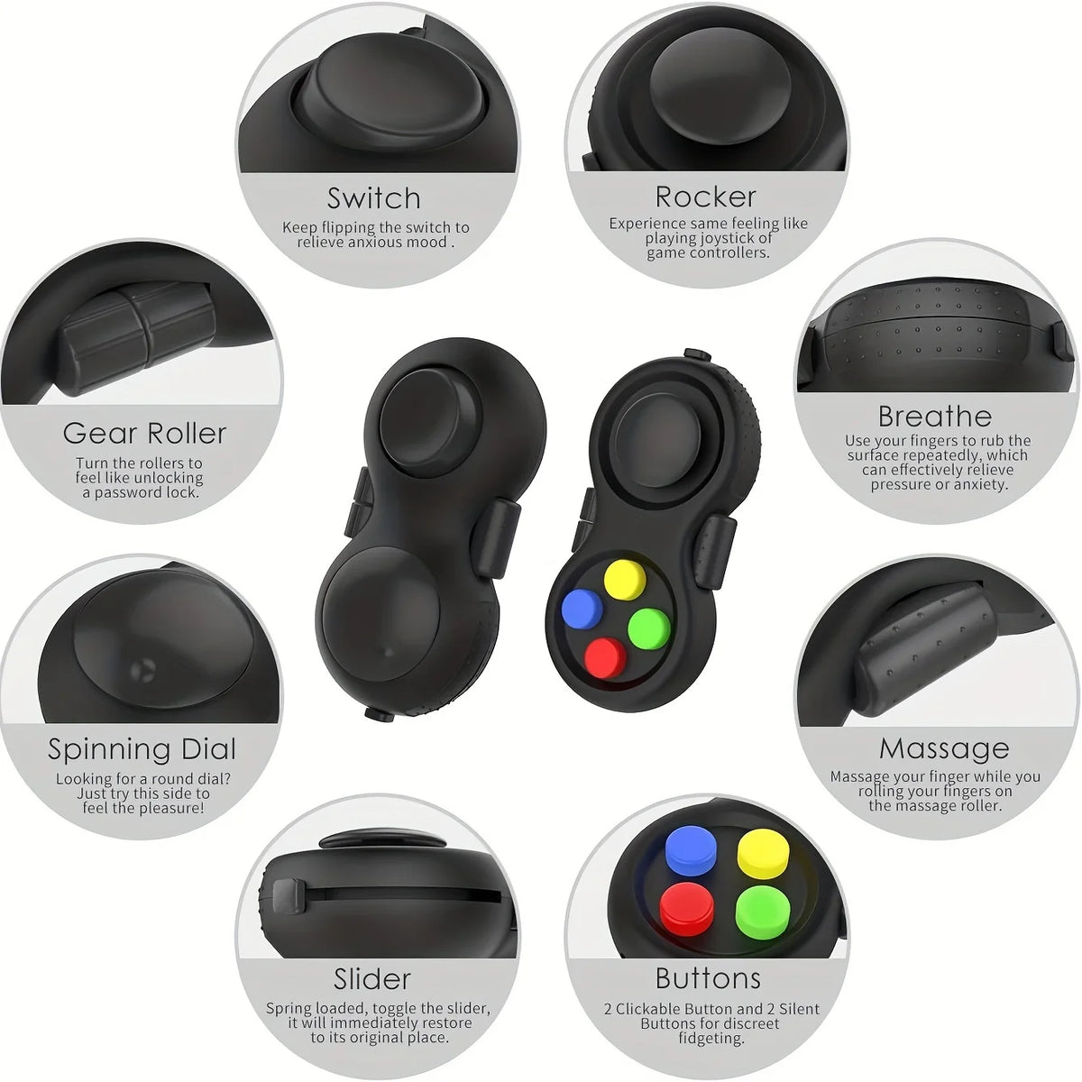 3pcs Retro Classic Handheld Fidget Controllers - Vibrant & Fun Relax Toys with 8 Fidgeting Options, Clickable Buttons, Game Joystick, and Massage Roller in Assorted Colors