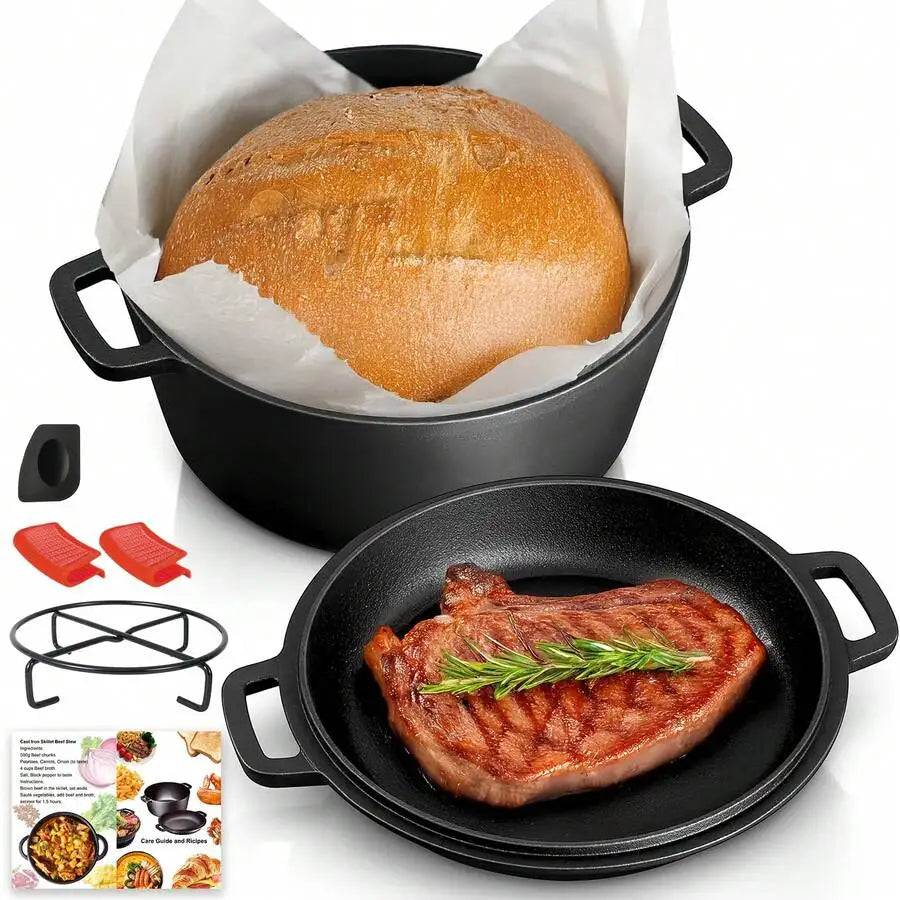 2-In-1 Pre-Seasoned Cast Iron Dutch Oven Pot With Skillet Lid Cooking Pan, Cast Iron Skillet Cookware Pan Set With Dual Handles Indoor Outdoor For Bread, Frying, Baking, Camping, BBQ, 5QT