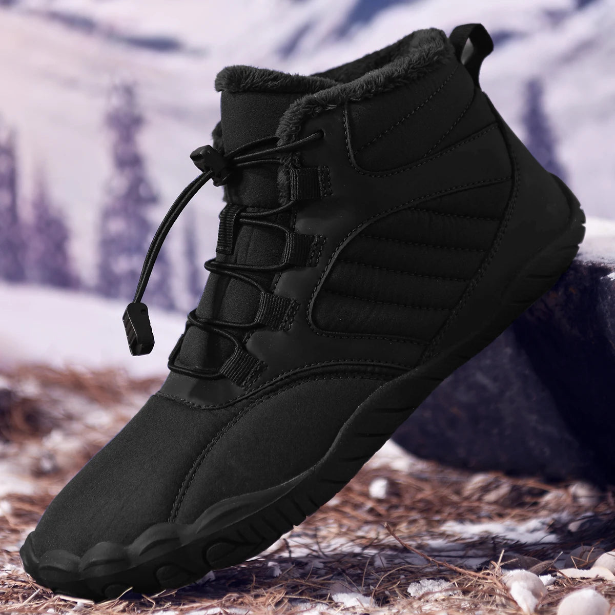 Unisex Winter Fleece Lined Barefoot Snow Boots Five Toe Wide Toe Box Quick Lock Laces Non Slip Warm Outdoor Hiking Trekking Minimalist Cold Weather Walking Casual Footwear