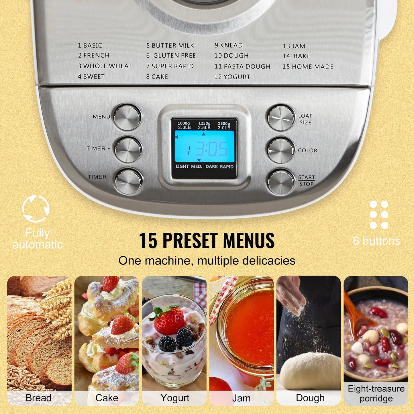 SucceBuy 3 LB Bread Maker 15-in-1 Dough Machine Nonstick Ceramic Pan Automatic Bread maker with Gluten Free Setting