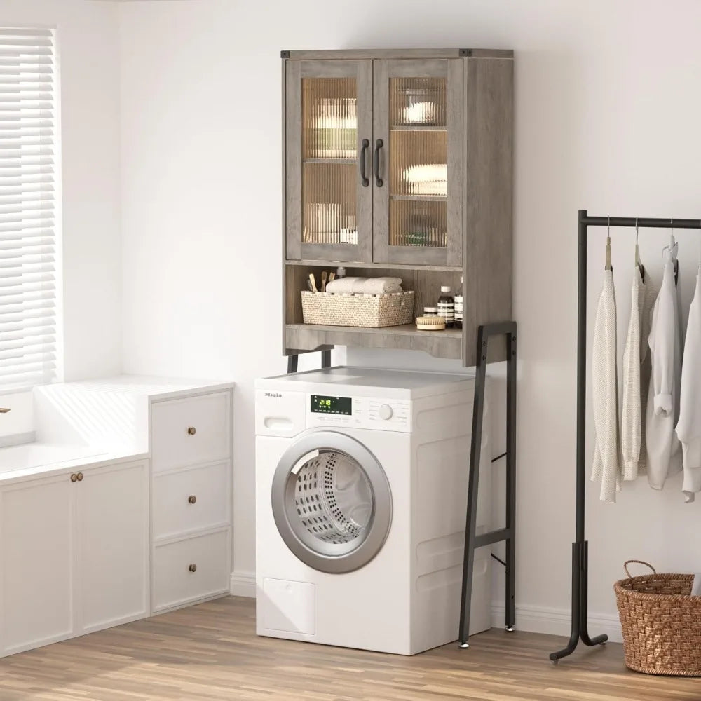 Bathroom Space-Saving Organizer: Metal Stand Over-the-Toilet Storage Cabinet with Tempered Glass Doors and Adjustable Shelves