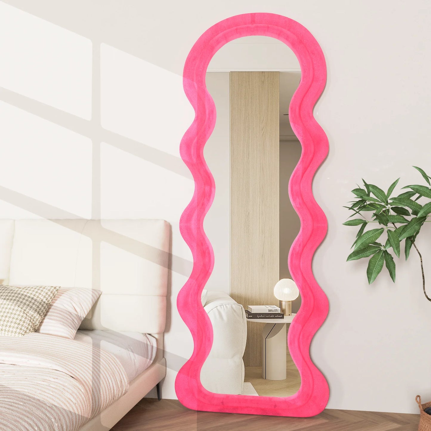 Full Length Floor Mirror With Irregular Wavy Wooden Frame