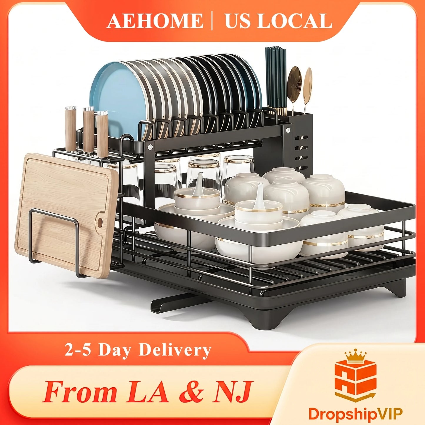 2-Tier Expandable Dish Drying Rack, Metal Kitchen Dish Rack and Drainboard Set with Knife Fork Holder & Cutting Board Organizer for Countertop