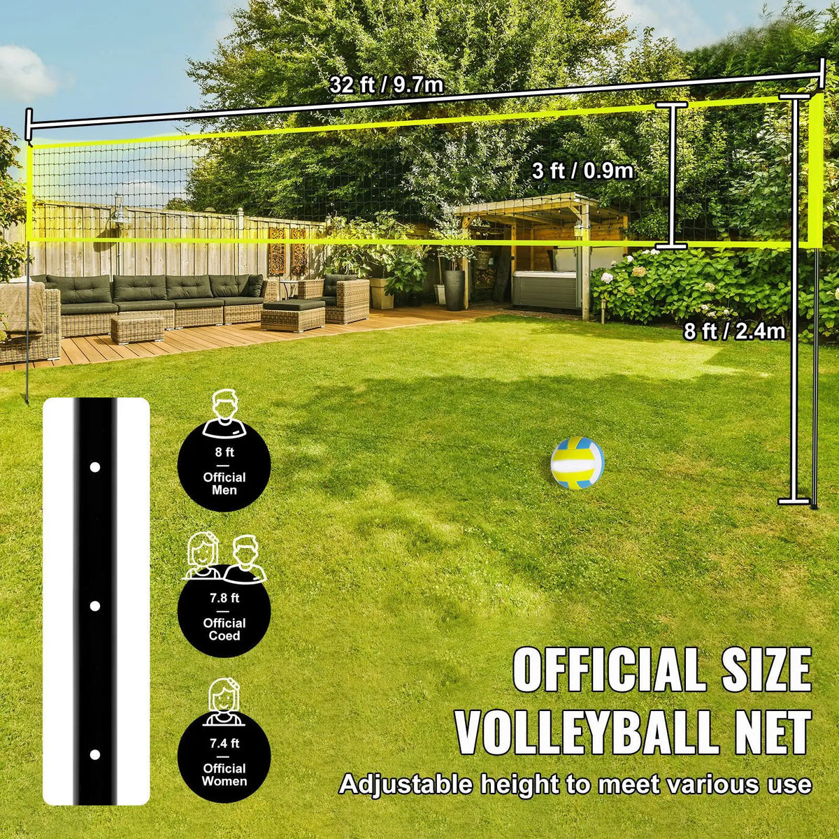 Outdoor Portable Volleyball Net System, Adjustable Height Steel Poles, Professional Volleyball Set with PVC Volleyball, Pump