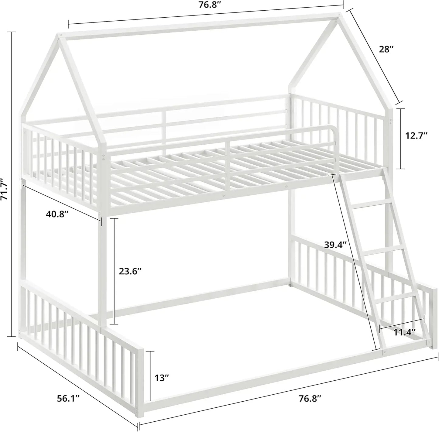 LIKIMIO Bunk Bed Twin Over Full Size,House Shaped with Metal Slats Support No Box Spring Needed Space Saving for Bedroom & Dorm