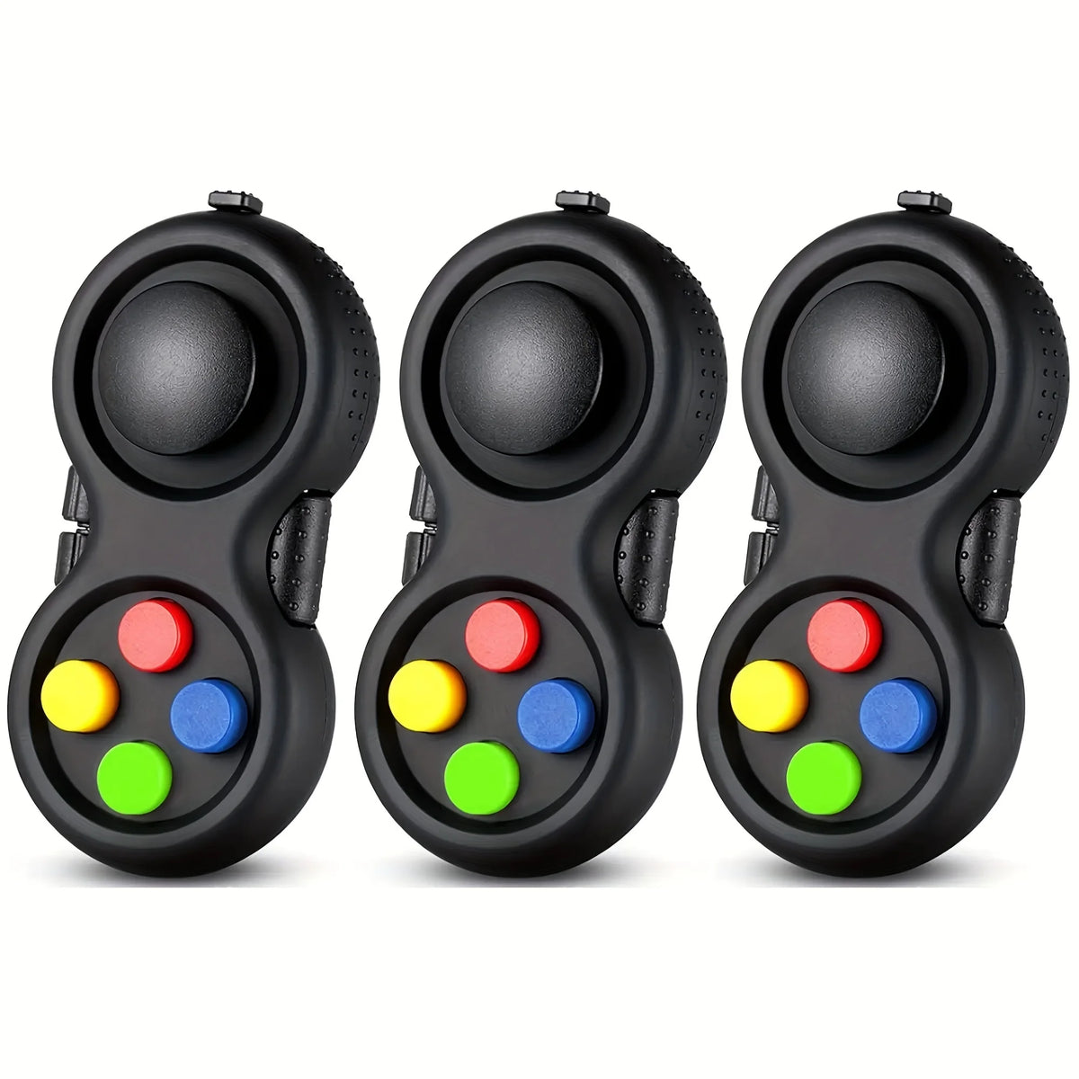3pcs Retro Classic Handheld Fidget Controllers - Vibrant & Fun Relax Toys with 8 Fidgeting Options, Clickable Buttons, Game Joystick, and Massage Roller in Assorted Colors