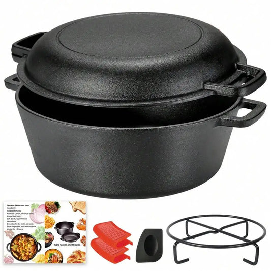 2-In-1 Pre-Seasoned Cast Iron Dutch Oven Pot With Skillet Lid Cooking Pan, Cast Iron Skillet Cookware Pan Set With Dual Handles Indoor Outdoor For Bread, Frying, Baking, Camping, BBQ, 5QT