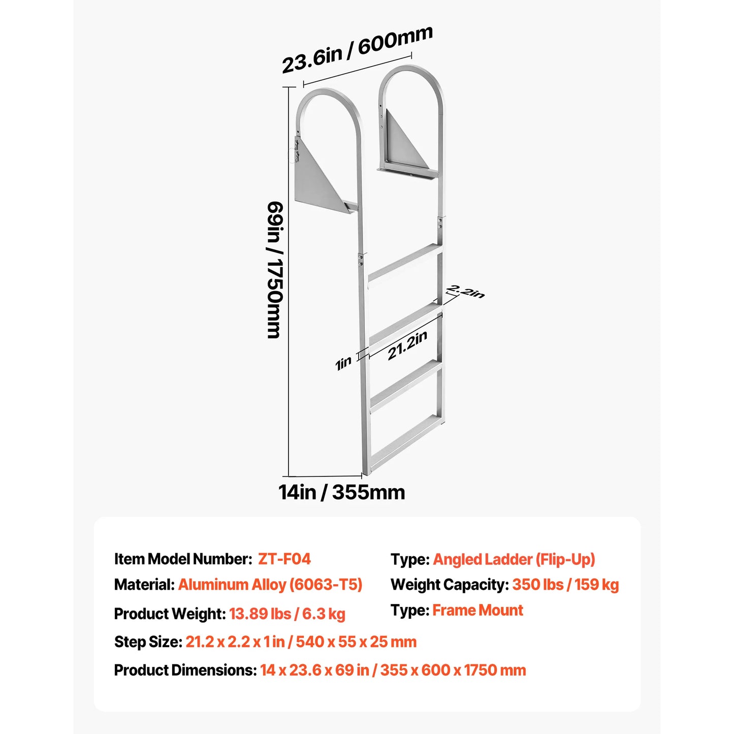 SucceBuy 4 Step Flip Up Dock Ladder Aluminum 350 Lbs