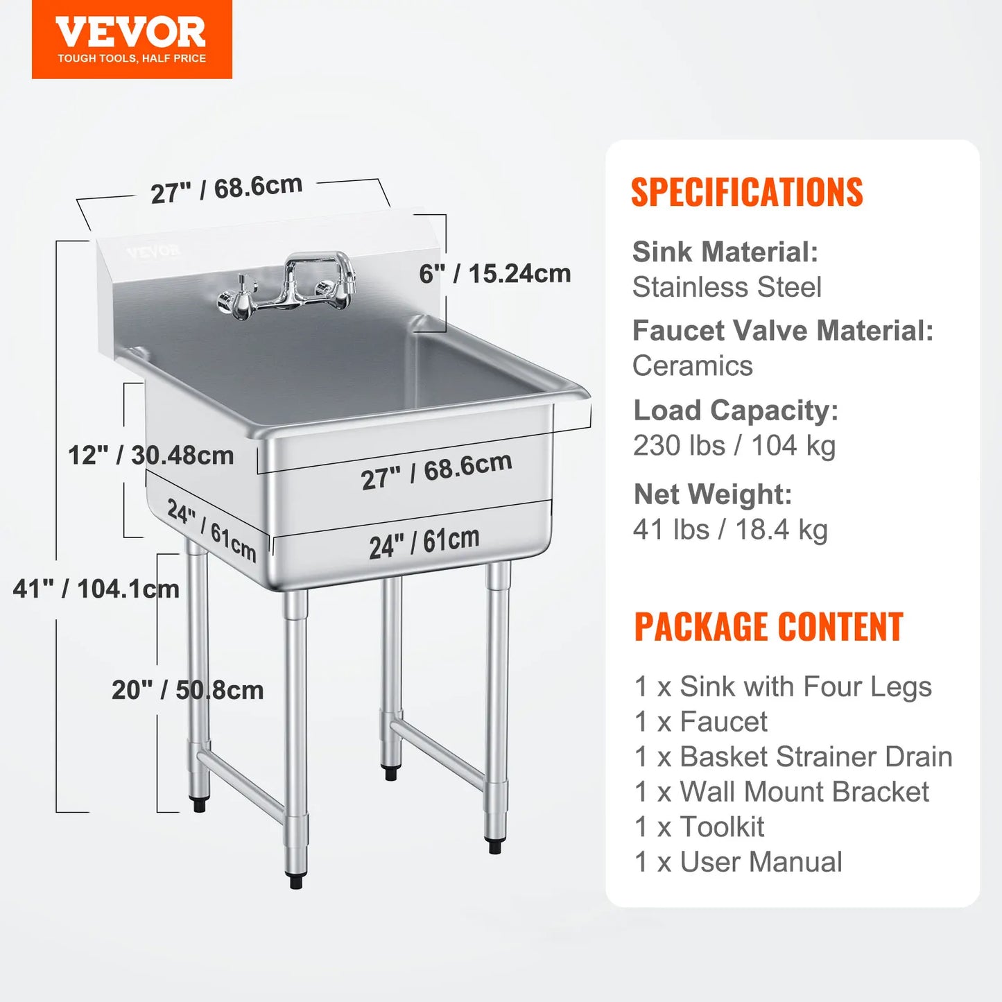 SucceBuy Stainless Steel Prep Sink 1 Compartment