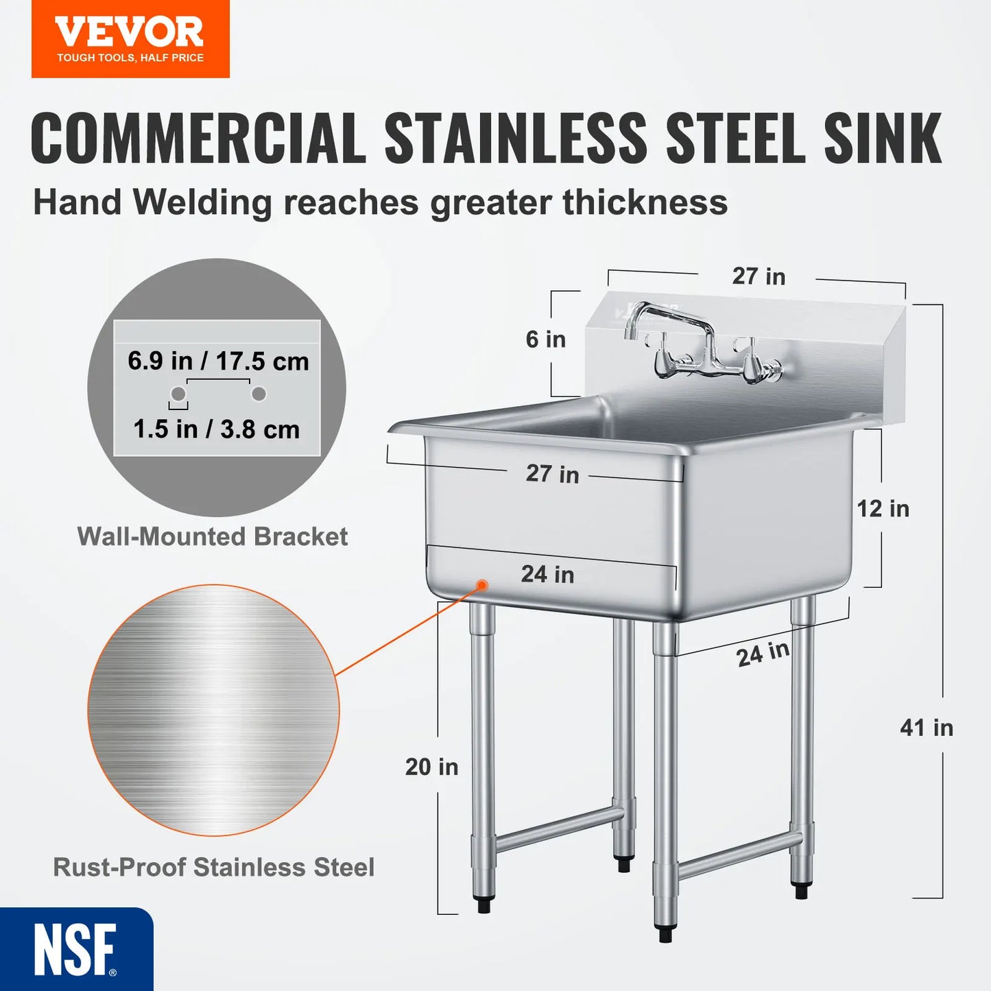 SucceBuy Stainless Steel Prep Sink 1 Compartment