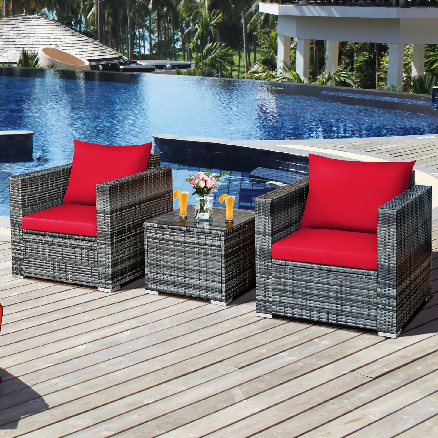 HOMASIS 3-Piece Patio Rattan Bistro Set Cushioned Furniture