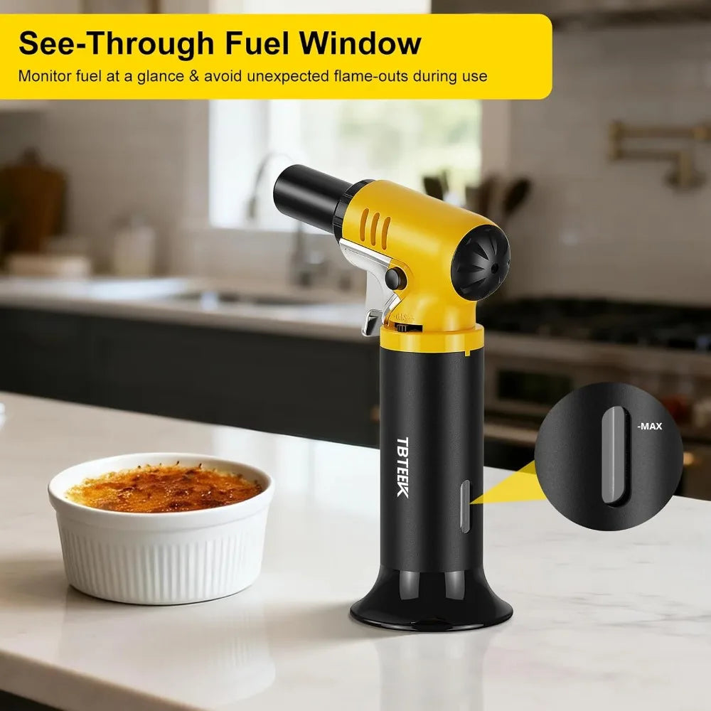 Butane Torch with Fuel Gauge, One-Hand Operation Kitchen Lighter, Adjustable Flame for BBQ, Baking, Brulee, Crafts & Soldering
