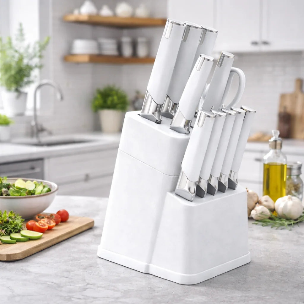 13Pcs Professional Kitchen Knife Block Set with 6 Steak Knives, High Carbon Stainless Steel Knives with Black Non-Stick Coating,