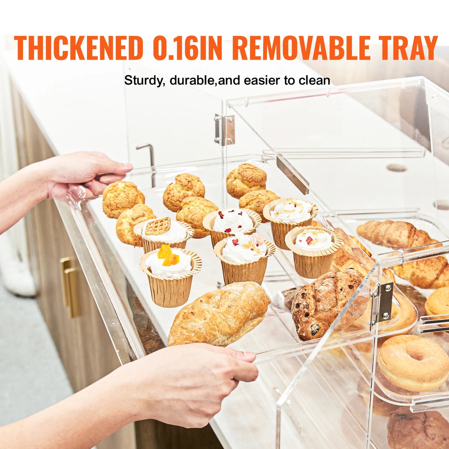 SucceBuy 3 Tier Clear Pastry Display Case Acrylic Commercial Countertop Bakery Display Case with Front and Rear Door for Bread