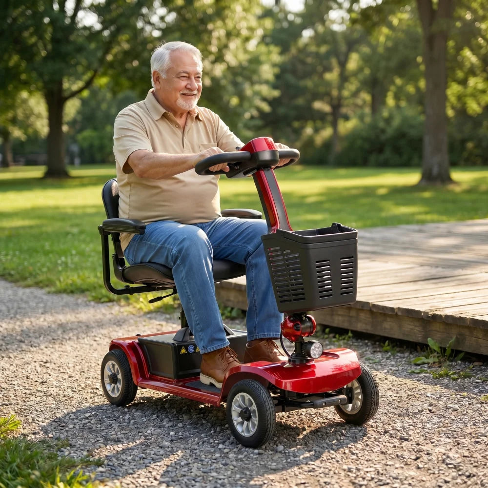 Unificare Red Portable Folding Mobility Scooter Ideal for Adults and Seniors Practical Swivel Seat Stable Anti Tip Design Wear