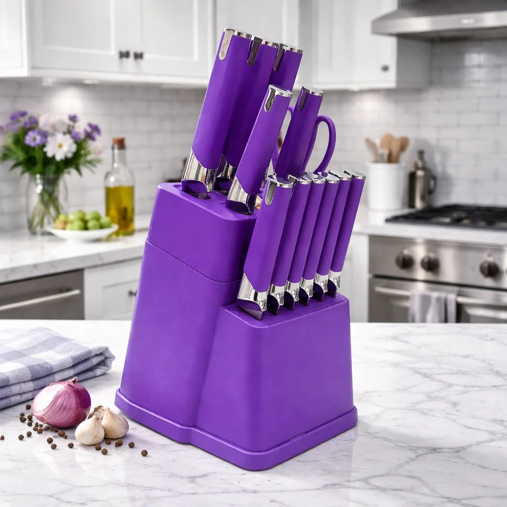 13Pcs Professional Kitchen Knife Block Set with 6 Steak Knives, High Carbon Stainless Steel Knives with Black Non-Stick Coating,