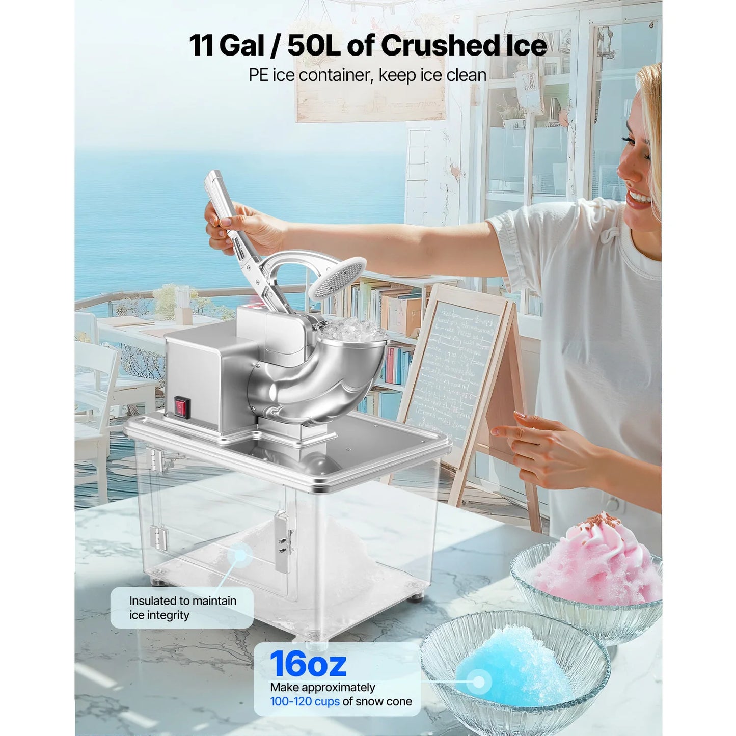 SucceBuy Commercial Ice Crusher 661LBS/H 350W Electric Snow Cone Machine Stainless Steel Shaved Ice Machine for Restaurants Bars