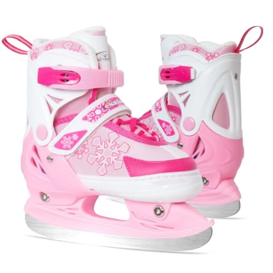 Adjustable Ice Skates - 4 Size Adjustable Hockey Lace-Up Skates with Warm Plush Lining, Triple Safety Ankle Support, Stainless