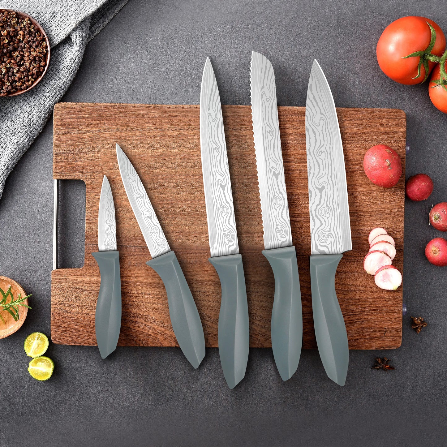 10Pcs Damascus Pattern Stainless Steel Kitchen Knife Set with Stainless Steel Universal Knife Block Peeler Scissors Knife Sharpener Household Chef Paring Cooking Cutlery Kit