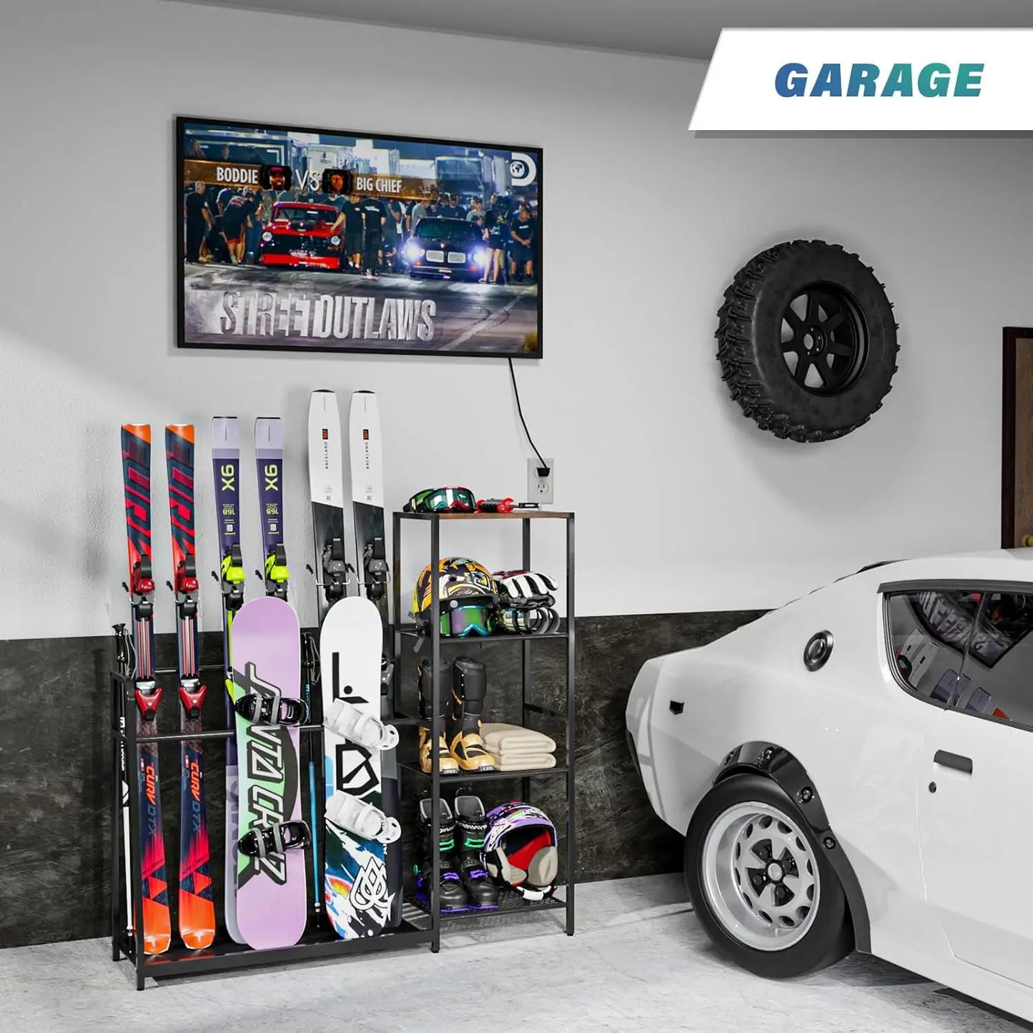 Freestanding Snowboard Rack - 4 Pair Ski, 3 Pack Snowboard, Boot, Pole, Goggles, Helmet Rack for Garage, Shed, Basement