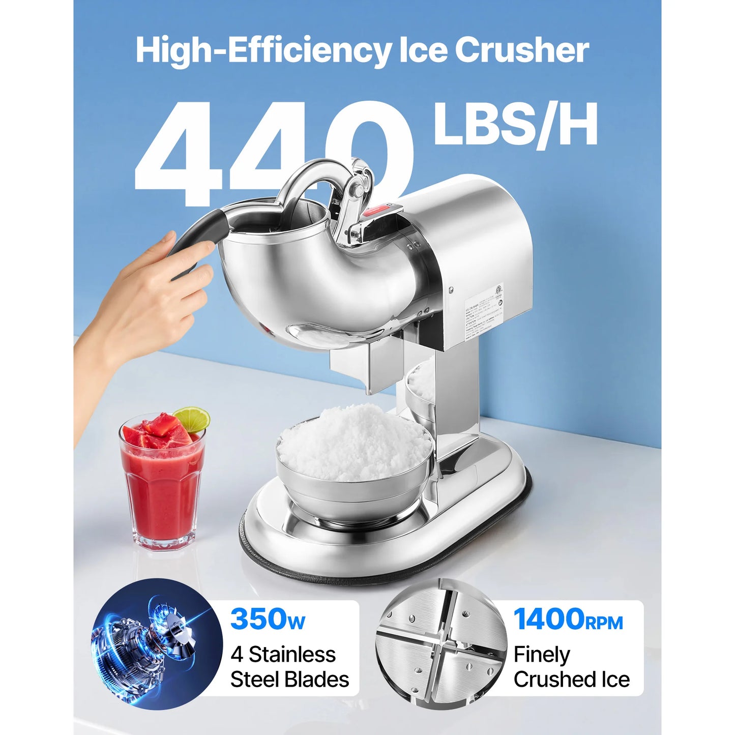 SucceBuy Ice Crusher Machine 440lb Per Hour Electric 4 Blades Snow Cone Maker w/ Bowl and Cover 350W 1400RPM Ice-Shaver for Home
