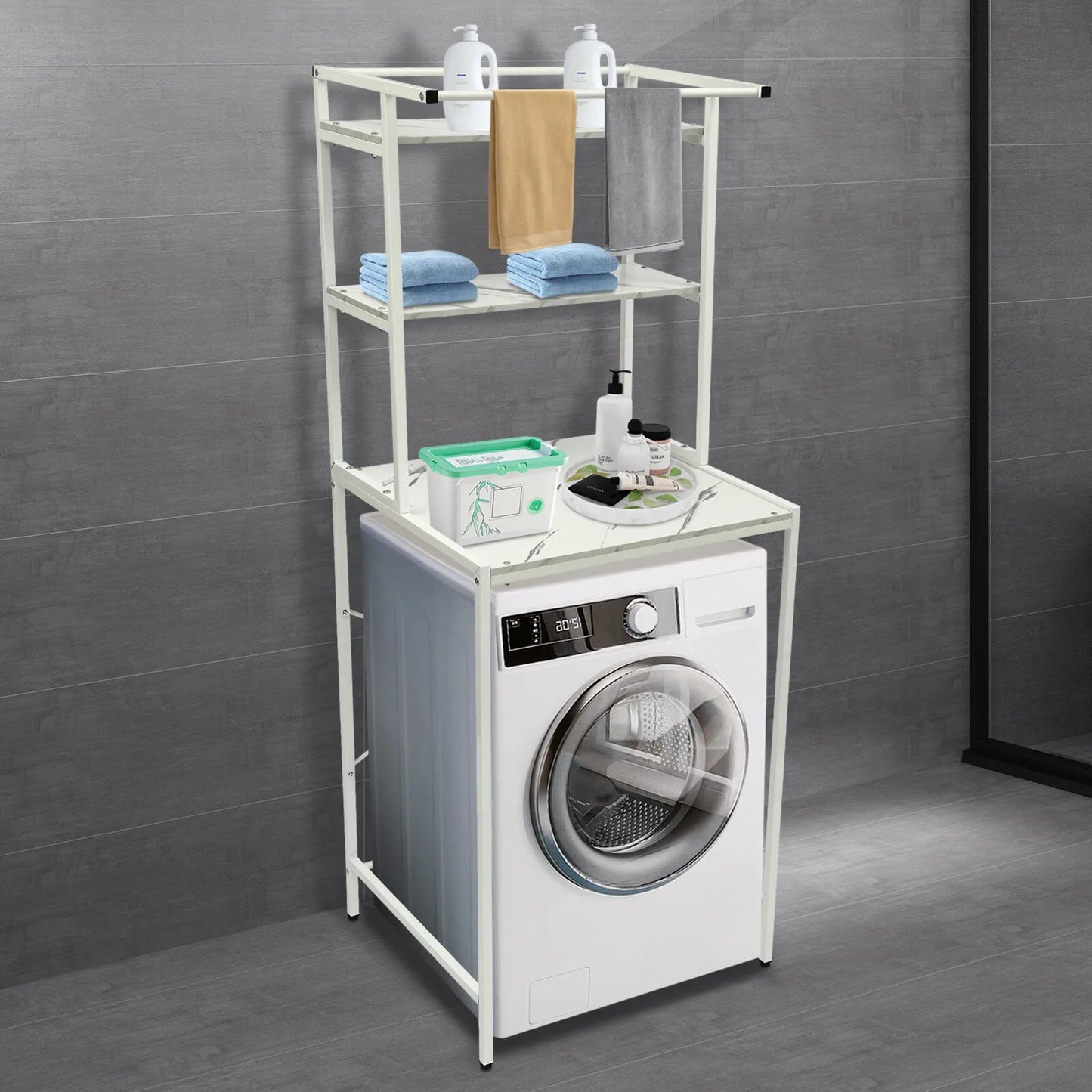 Over The Washer and Dryer Storage Shelf 3-Tier  Bathroom Storage and Organizer Rack for Hanging Towels and Drying Clothes