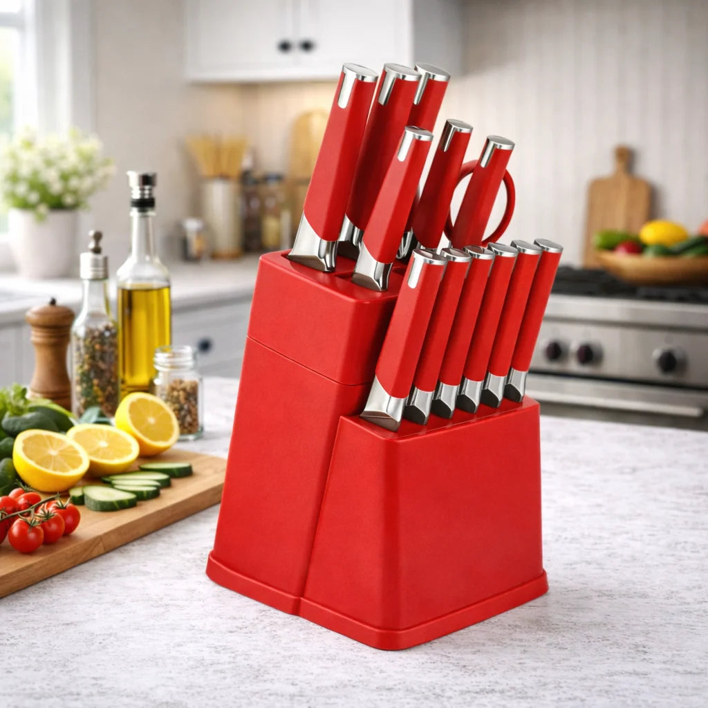 13Pcs Professional Kitchen Knife Block Set with 6 Steak Knives, High Carbon Stainless Steel Knives with Black Non-Stick Coating,