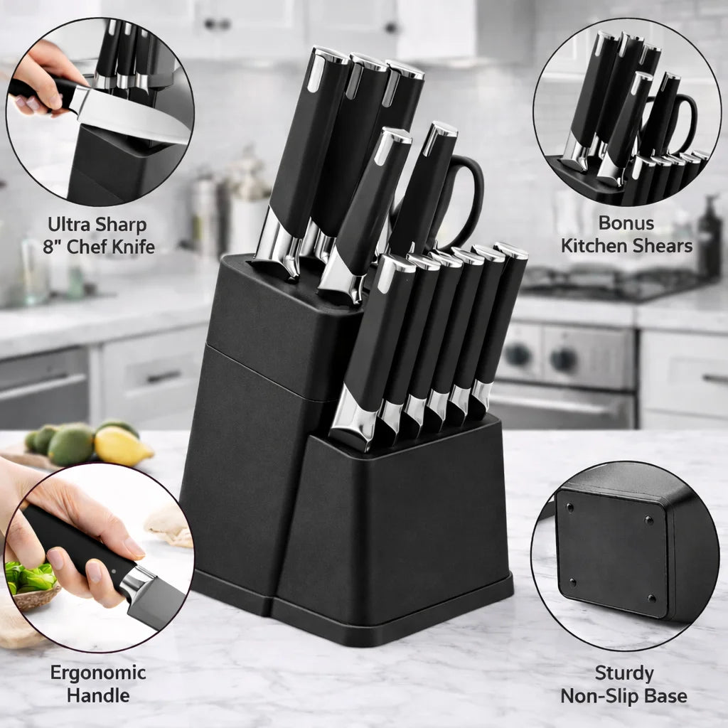 13Pcs Professional Kitchen Knife Block Set with 6 Steak Knives, High Carbon Stainless Steel Knives with Black Non-Stick Coating,