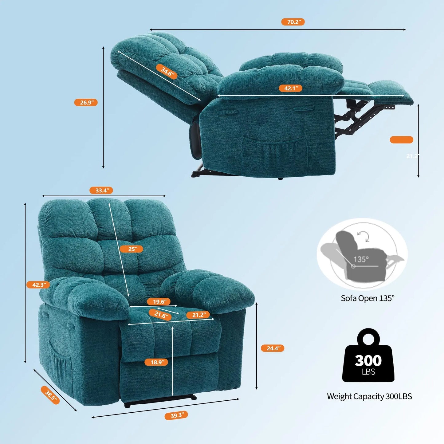 Manual Recliner Chair 300 Lbs Fabric Recliner With Side Pocket And Liftable Footrest Overstuffed Comfortable Single Sofa 155 Degree Oversized Recliner For Living Room Bedroom Relaxation