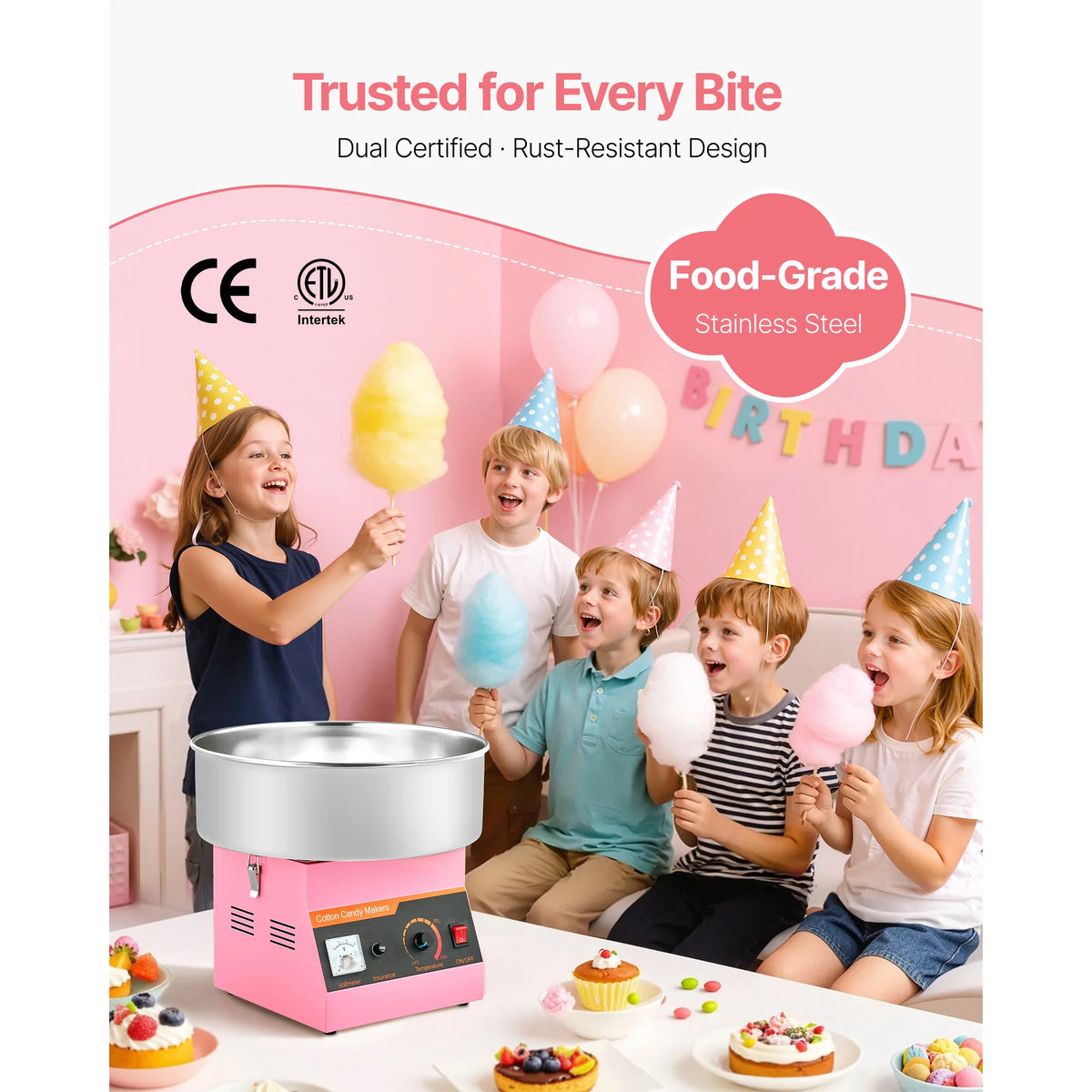 SucceBuy Cotton Candy Machine Commercial, 1000W Electric Candy Floss Maker Sugar Machine with 15 inch Stainless Steel Bowl
