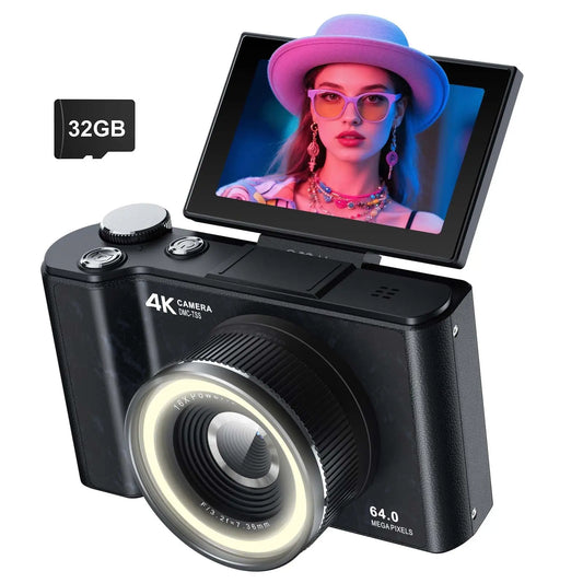 W&O 4K Digital Camera With Ring Light And Flip Screen