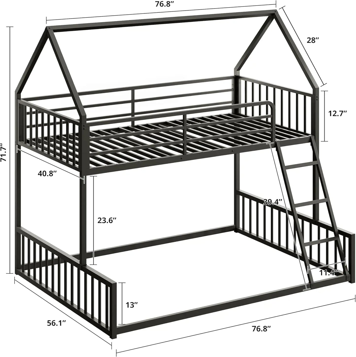 LIKIMIO Bunk Bed Twin Over Full Size,House Shaped with Metal Slats Support No Box Spring Needed Space Saving for Bedroom & Dorm