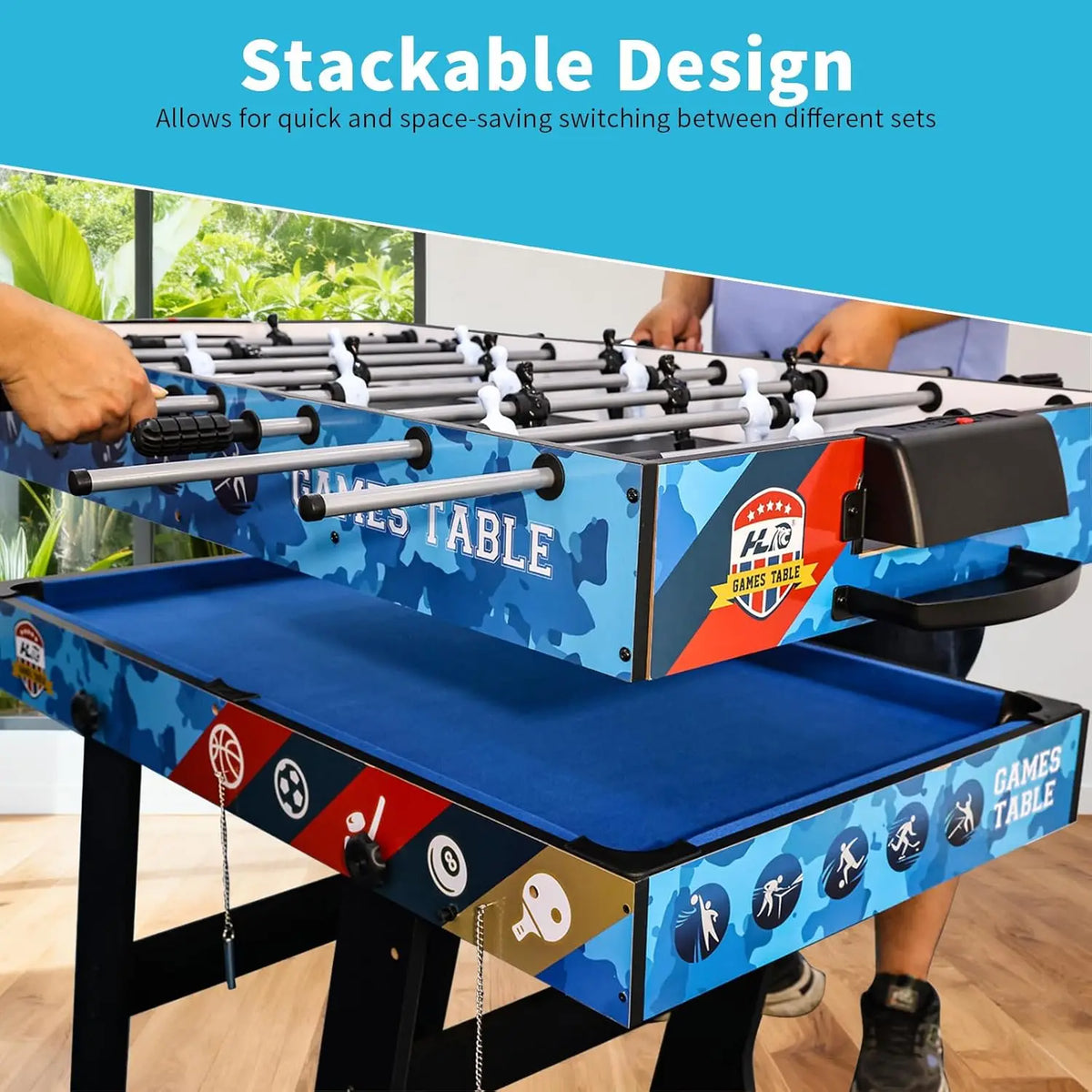 5-in-1 multifunctional play table set for children: tennis table, billiard, football table, air hockey, basketball