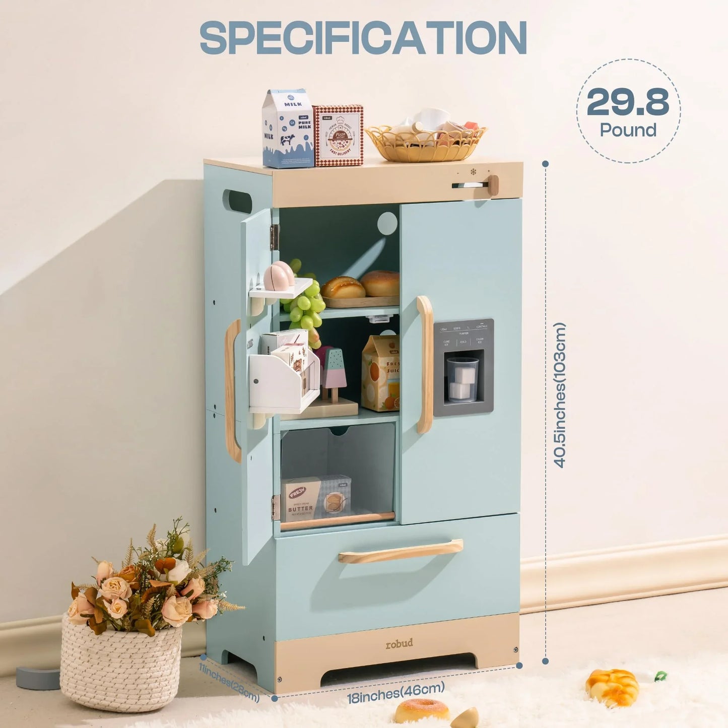 Robotime Robud Kitchen Washer Playset Play Kitchen Fridge Refrigerator Play Toy Oven Wooden Kitchen Playset for Kids Age 3+Blue