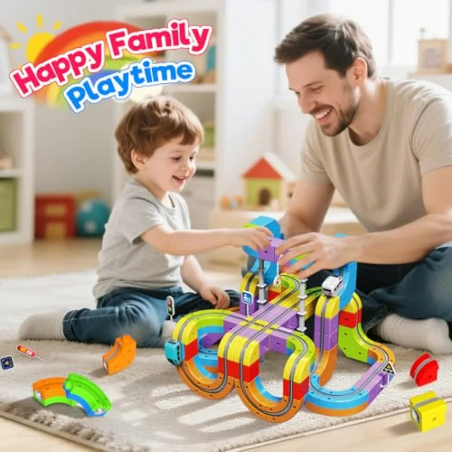 Electric Train Set for,3D Racing Track Sets with Electric Train, Traffic Signs, STEM Train Toys Birthday Gifts for Boys and Gir