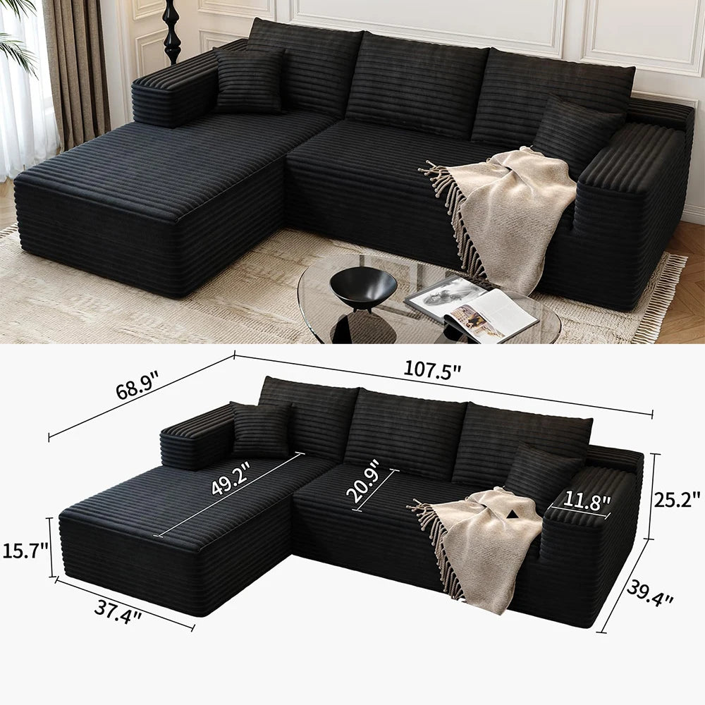 Cloud-style sectional sofa, with corduroy cover, fluffy memory foam cushions, easily assembled, modular recliner, large sofa set
