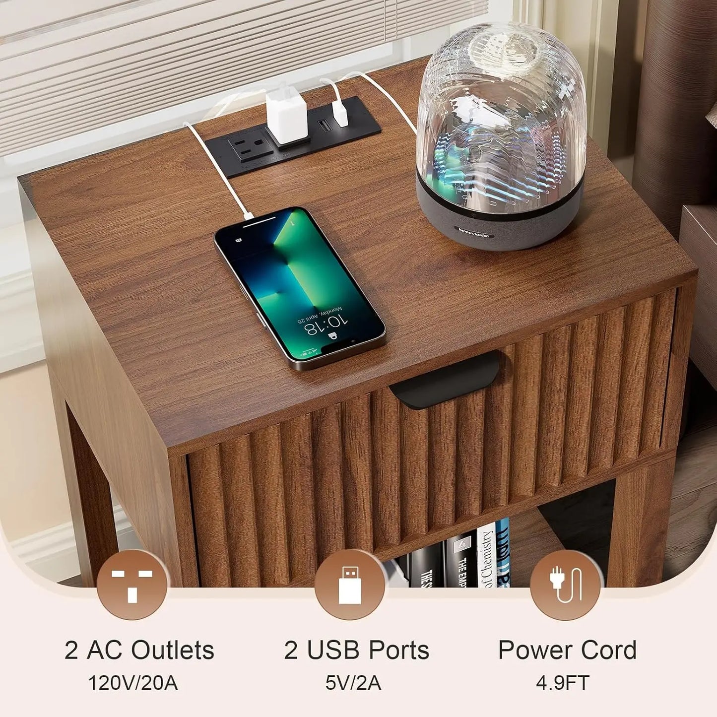 Fluted Nightstand Set 2 with Charging Station, Wood Bedside Table with Drawer & Shelf, Modern End Table for Bedroom, Walnut